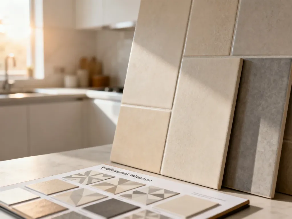 Próbki matowych płytek ceramicznych z geometrycznymi wzorami na tle nowoczesnej, jasnej kuchni.