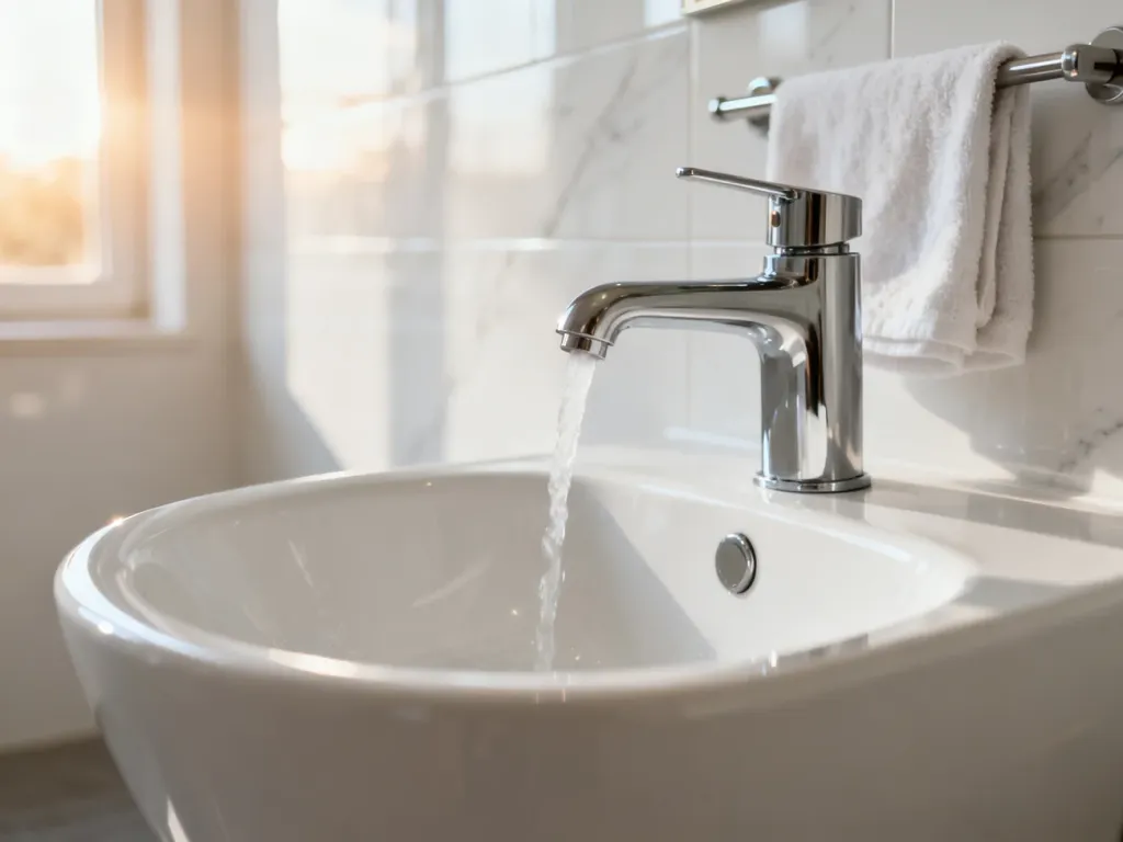 Nowoczesny, ceramiczny bidet z chromowaną baterią i delikatnym strumieniem wody w jasnej, minimalistycznej łazience.