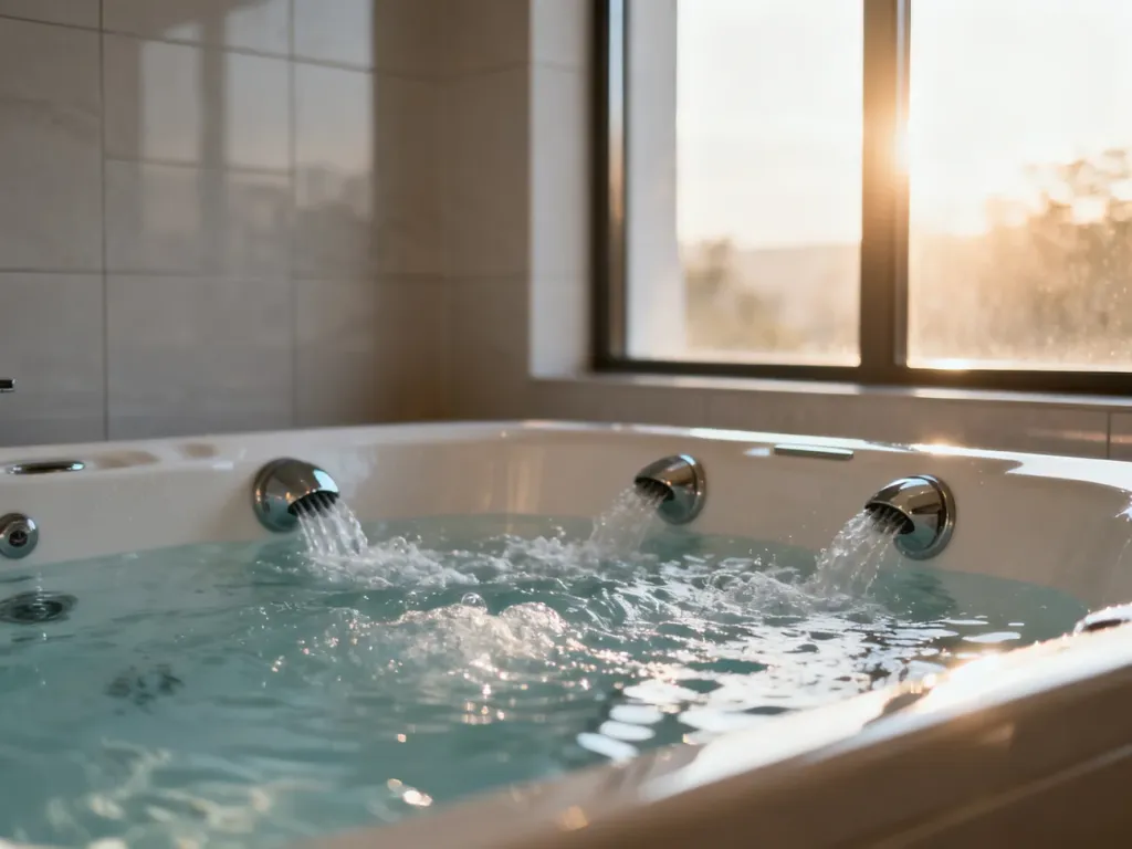 Nowoczesna wanna z hydromasażem w jasnej łazience, wypełniona bąbelkującą wodą w relaksującej atmosferze domowego spa.