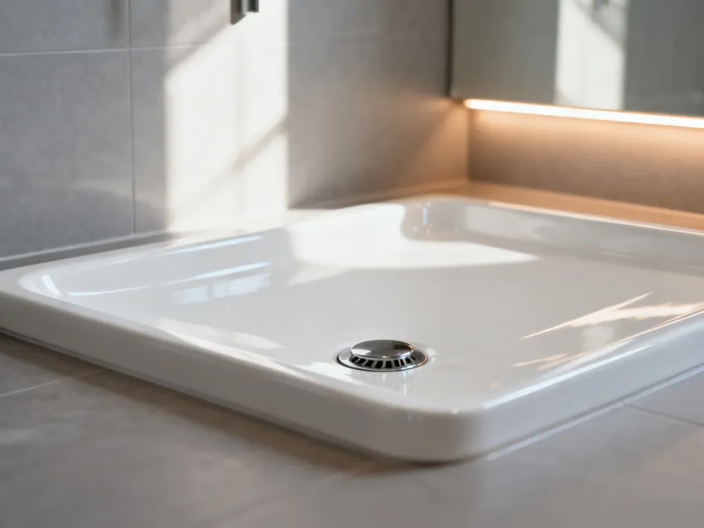 Nowoczesny biały brodzik ceramiczny z chromowanym odpływem w minimalistycznej łazience.