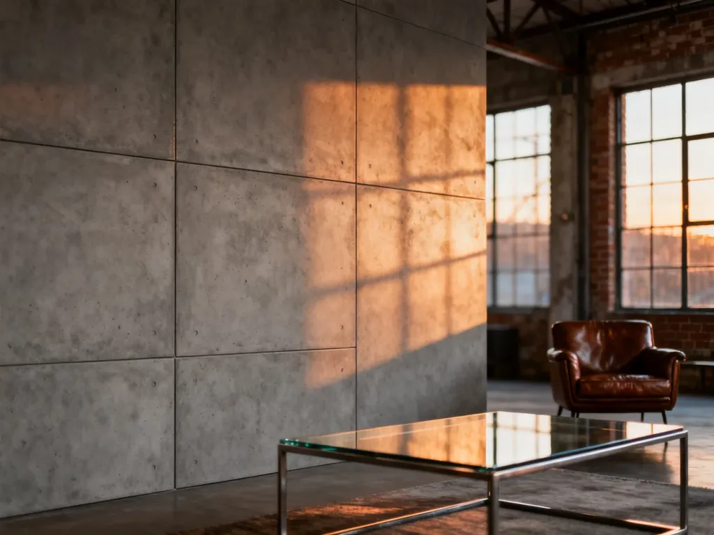 Salon w stylu industrialnym z wielkoformatowymi płytkami imitującymi beton, metalowym stolikiem i ciepłym światłem.
