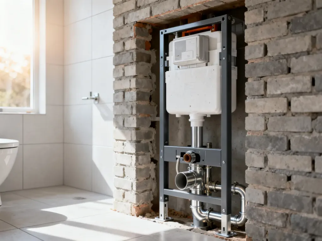 Stelaż podtynkowy zamontowany w ścianie łazienki z widocznymi elementami instalacji hydraulicznej.