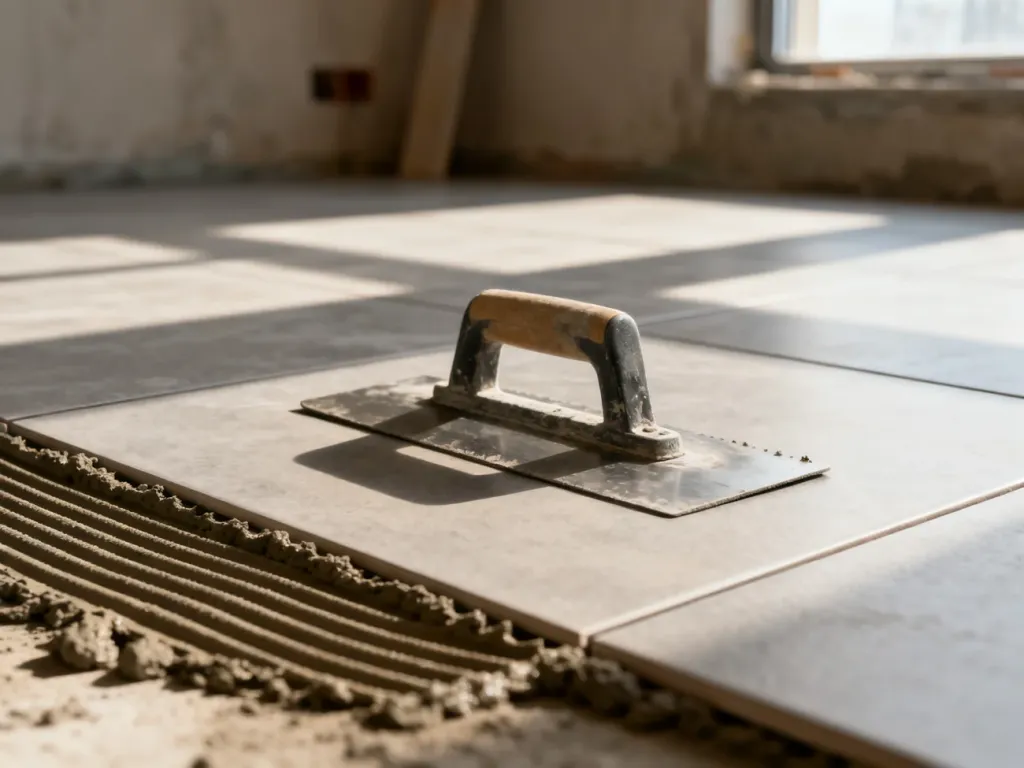Profesjonalna kielnia na świeżo ułożonych płytkach ceramicznych w trakcie prac wykończeniowych.