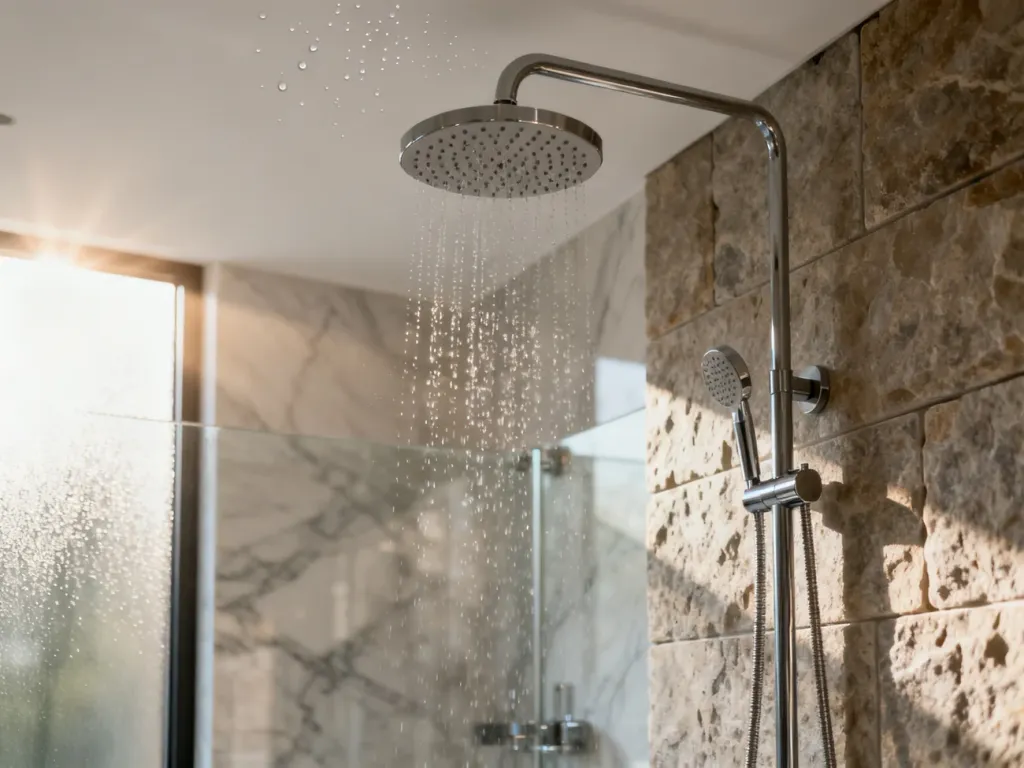 Nowoczesna łazienka z deszczownicą sufitową i ścienną, prezentująca różne opcje montażu w eleganckim wnętrzu typu spa.