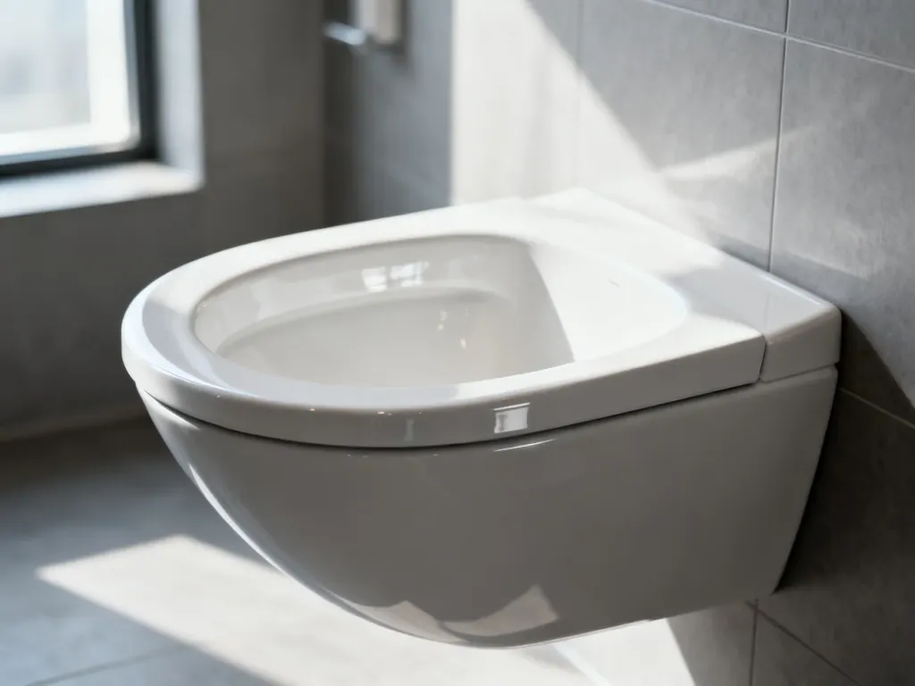 Nowoczesna miska bezkołnierzowa w minimalistycznej łazience z widocznym gładkim wnętrzem ceramiki.