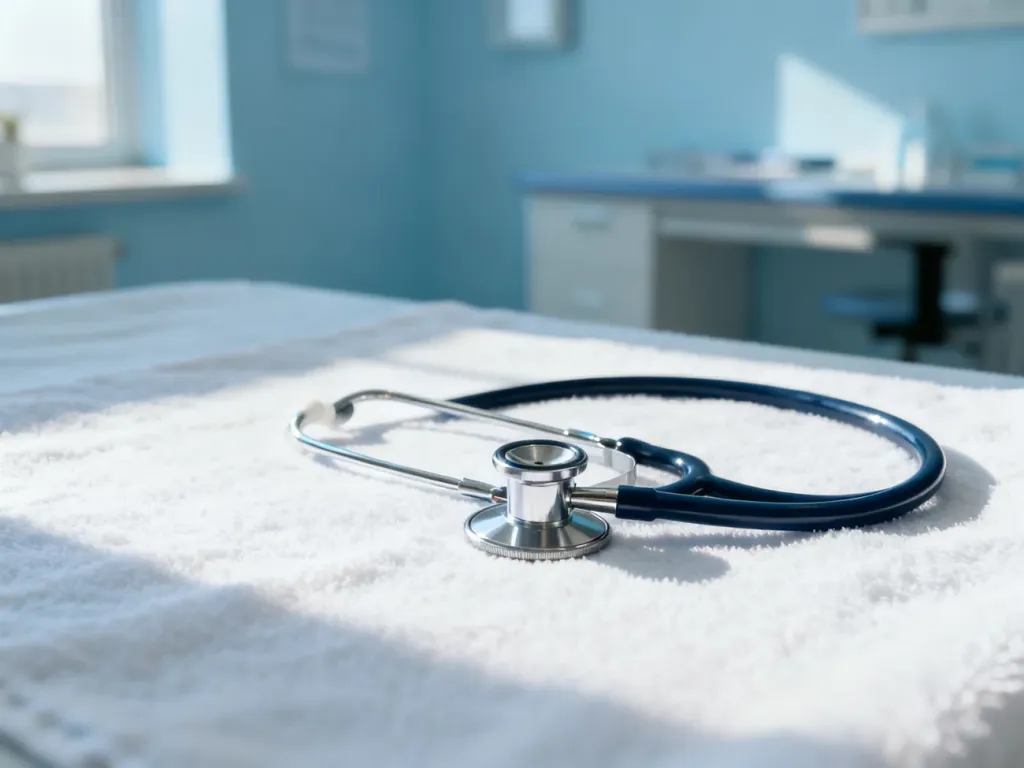 Stetoskop leżący na miękkim materiale w jasnym gabinecie lekarskim, symbolizujący profesjonalną diagnostykę oddechową.
