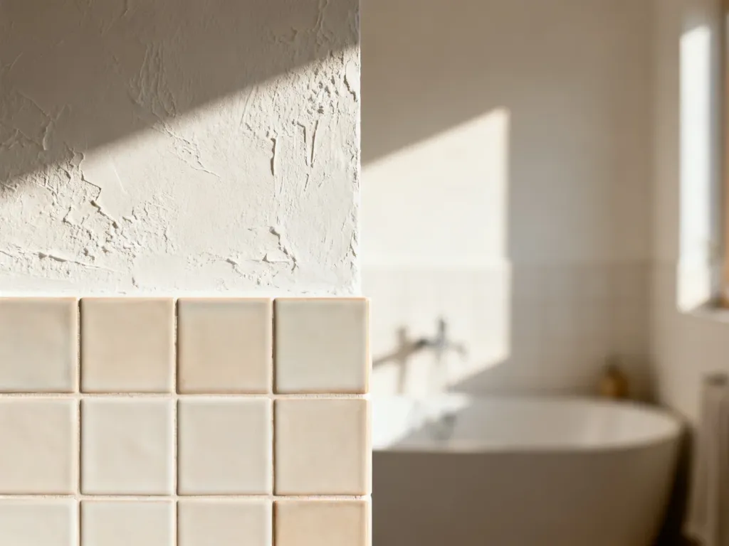 Porównanie płytek ceramicznych i pomalowanej ściany w nowoczesnej łazience w odcieniach beżu i bieli.
