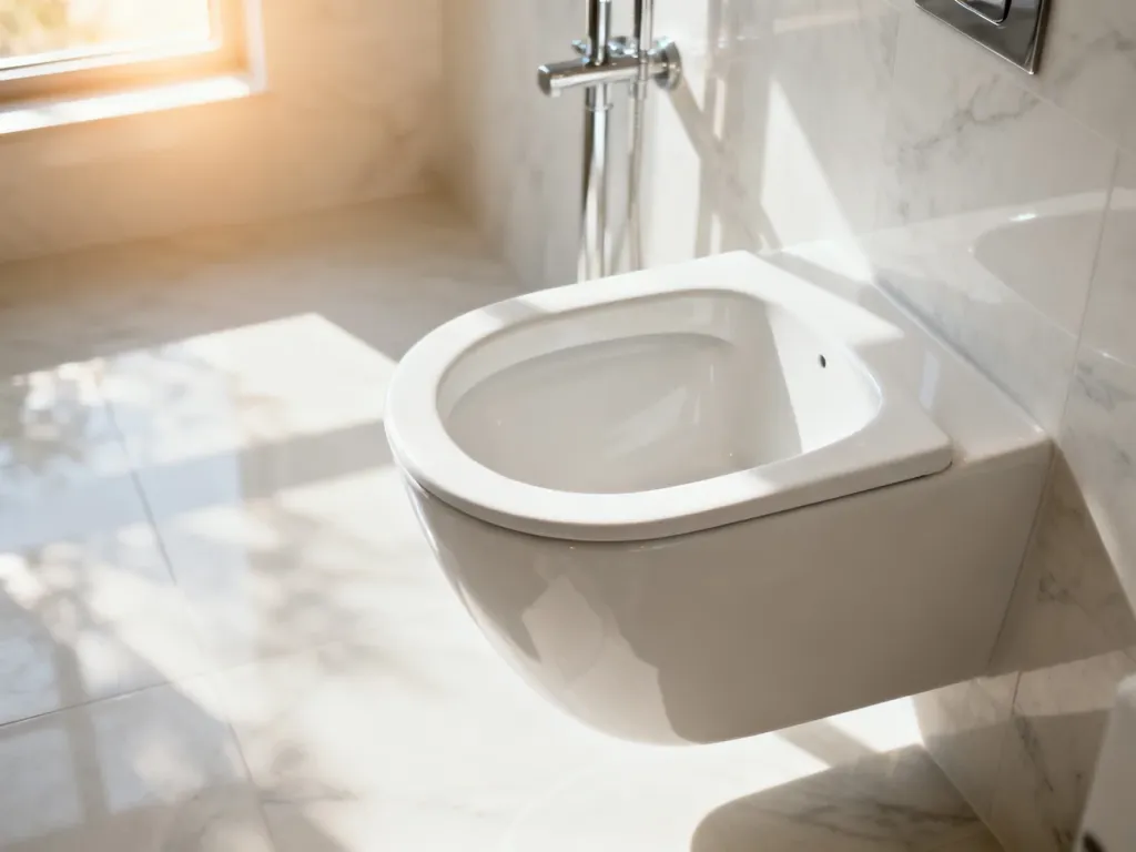 Nowoczesna, podwieszana miska WC typu bezkołnierzowego w jasnej, minimalistycznej łazience.