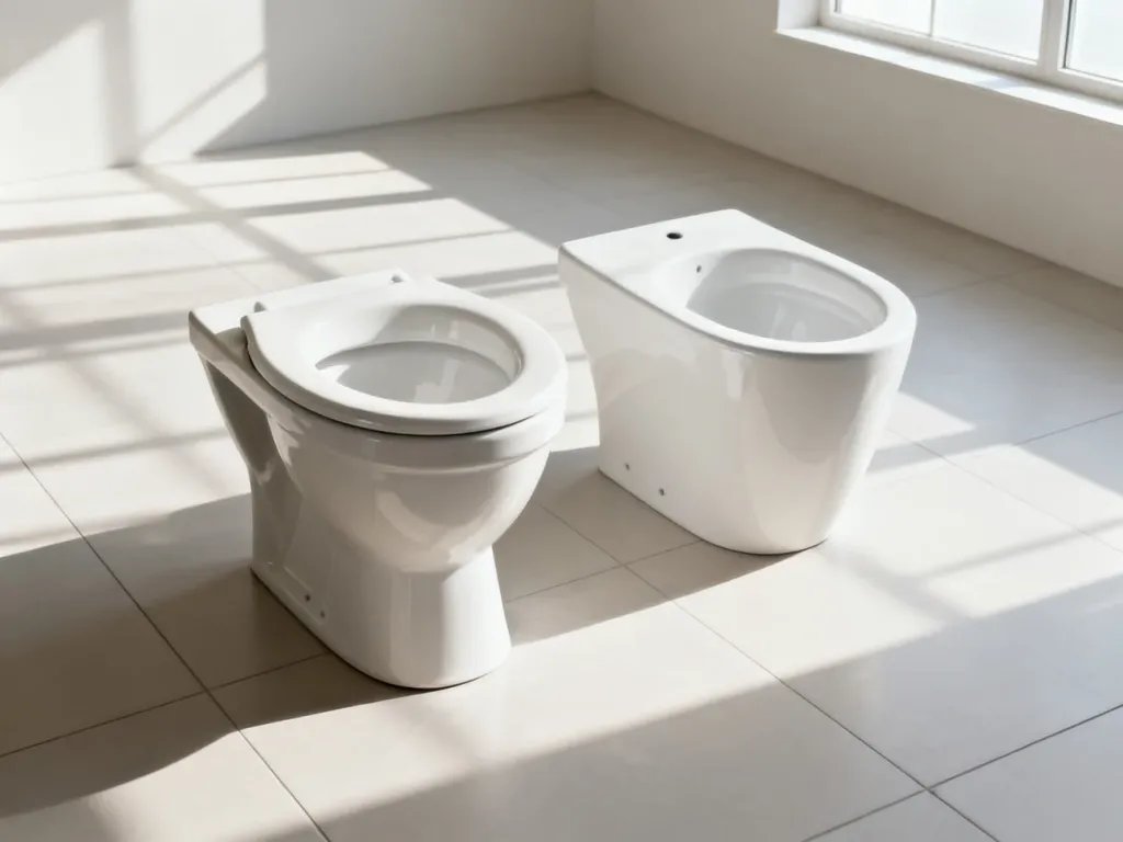 Porównanie dwóch białych misek WC: tradycyjnej z kołnierzem oraz nowoczesnego modelu bezkołnierzowego w minimalistycznej łazience.