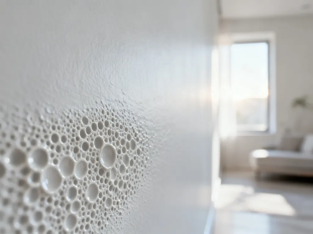 Zbliżenie na porowatą strukturę farby ceramicznej na ścianie, podkreślające jej właściwości oddychające i trwałość.
