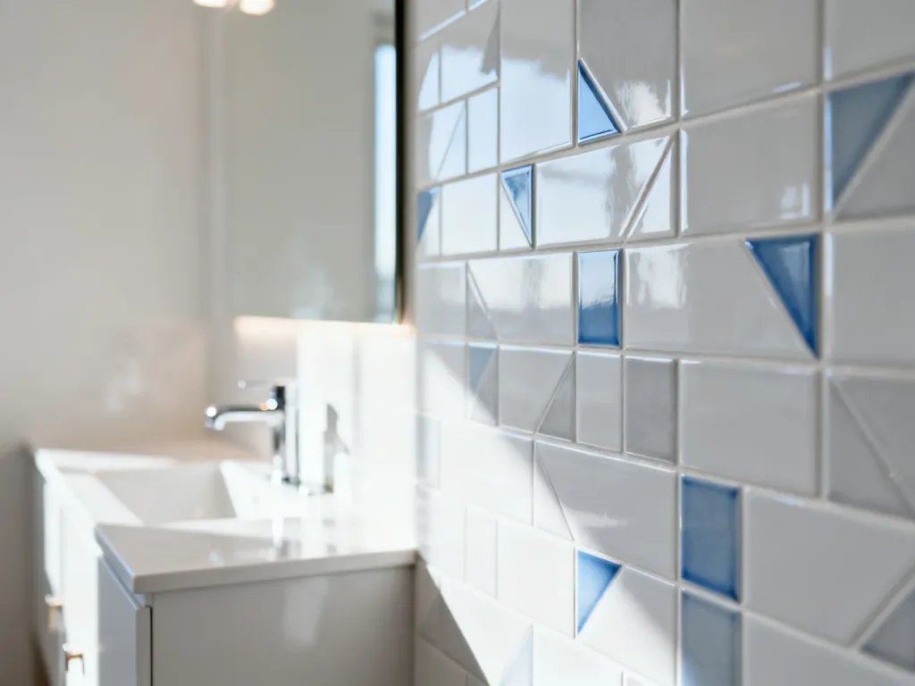 Nowoczesne płytki ceramiczne z geometrycznym wzorem w jasnej, minimalistycznej łazience.