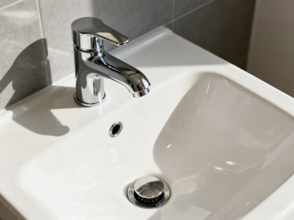 Nowoczesna chromowana bateria umywalkowa z widocznym korkiem typu klik-klak na białej ceramice.