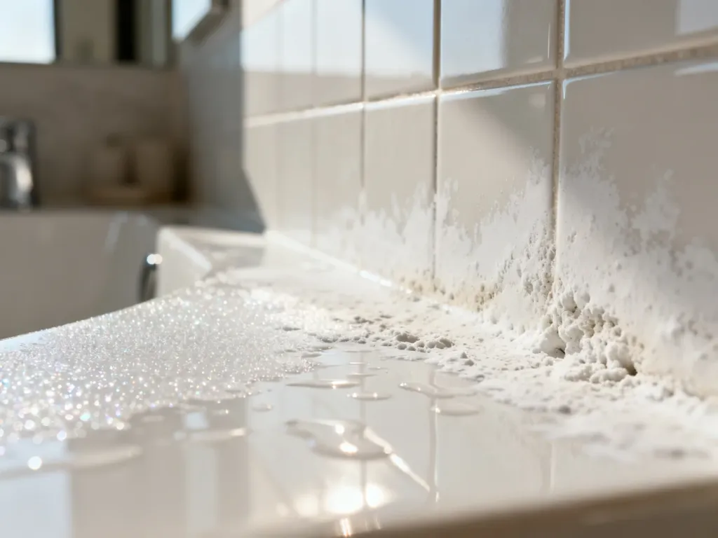 Zbliżenie na ceramiczne płytki z widocznym osadem z kamienia oraz fragmentem wyczyszczonej, lśniącej powierzchni.