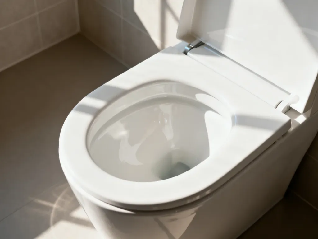 Nowoczesna miska bezkołnierzowa w minimalistycznej łazience, podkreślająca higieniczny design i łatwość czyszczenia.