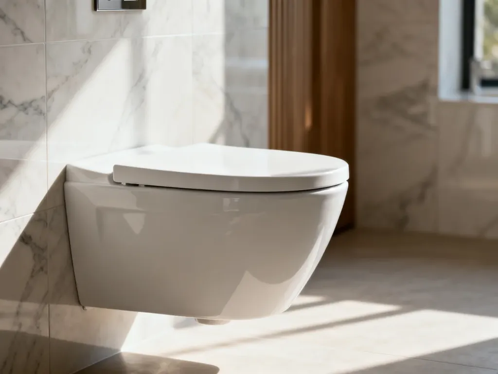 Nowoczesna, podwieszana miska WC o minimalistycznym designie w jasnej, eleganckiej łazience z marmurowymi akcentami.